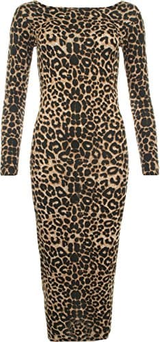 Image of Womens Animal Leopard Print Long Sleeve Stretch Bodycon Ladies Midi Dress 8 - Brown - 12-14