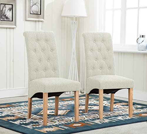 Image of MCC Set of 2 Linen Fabric Dining Chairs Roll Top Scroll High Back For Home & Commercial Restaurants [Brown* Grey* Red* Blue*] (D)(Cream)