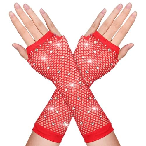 Image of DIVINA VITAE Red Rhinestone Fishnet Gloves - Long Fingerless Arm Sleeves, Sparkly Mesh 80s Accessories for Women and Kids