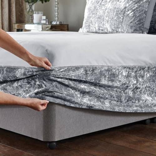 Image of MK Home Textile Crushed Velvet Bed Base Wrap Valance – Luxury Elasticated Fitted Divan Sheet Cover – Soft Silver Grey Frame Wrap for Single, Double, King & Super King Size Beds (Single)
