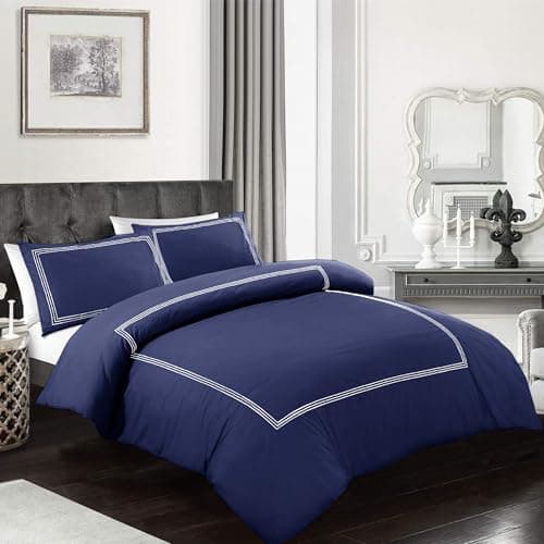 Image of My home store Embroidered Duvet Cover Set Hotel Quality 200TC Bedding Set Soft Breathable 100% Poly Cotton Quilt Cover with 2 Pillowcases (Bratta Stitch Navy Blue, King)