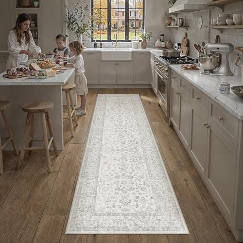Image of PureCozy Grey Runner Rugs for Hallway 60x240cm Long Vintage Floral Area Rug Washable Non Slip Bobo Lounge Bedroom Kitchen Bedside Office Corridor Indoor Bathroom Carpet Dining Living Room