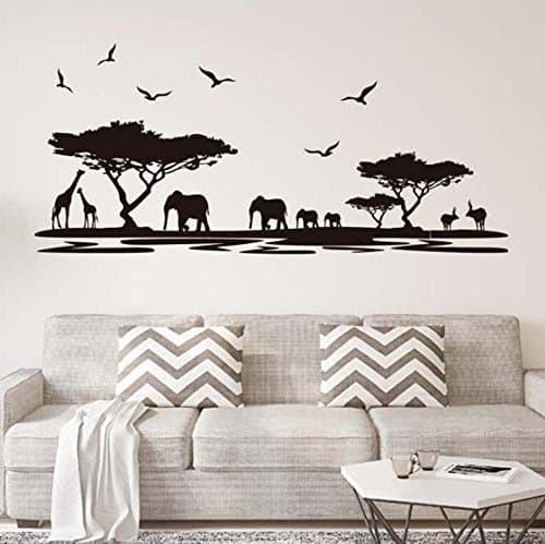 Image of African Safari Silhouette Wall Art Stickers Trees Elephant Giraffe Birds Antelope Black Decorative Removable DIY Vinyl Wall Decals Living Room, Bedroom Mural