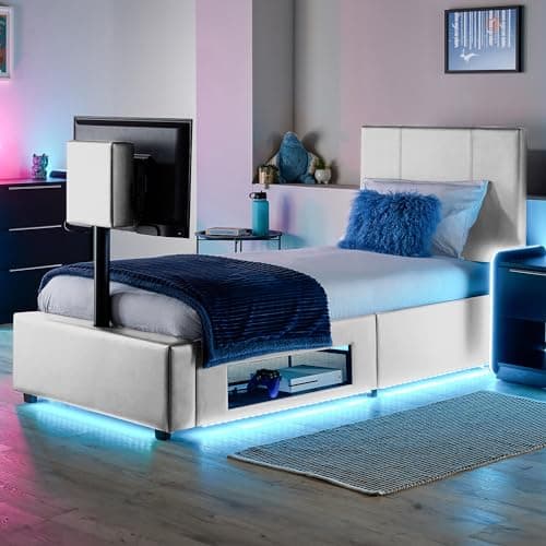 Image of X-Rocker AVA Leather TV Bed with Rotating TV Mount 32", Storage and Cable Management, Ambient Underbed RGB LED Lighting Single 3ft Low Sleeper Bedstead, Upholstered Leather Frame XR LIVING - WHITE