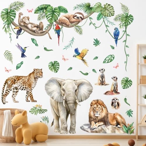 Image of Peelora Large Jungle Animals Tree Branch Wall Stickers Safari Elephant Lion Leopard Wall Decals Kids Bedroom Baby Nursery Reusable Self-Adhesive Wall Decor Stickers