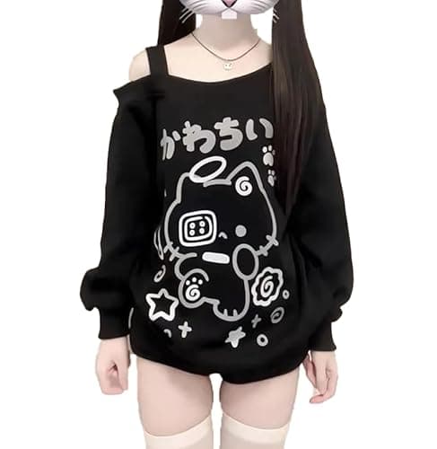Image of GOTHPICKUS Y2K Off Shoulder Kawaii Cute Graphic Sweatshirt Casual Long Sleeves Hrajuku Tops Cat Print Pullover Sweatshirts, Black, Large