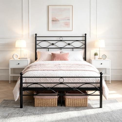 Image of Panana Metal Bed Quality Frame Small Double Size Metal Platform Bed Frame with Headboard Mattress Foundation (Black, 4FT)