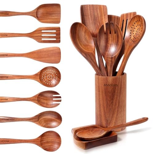 Image of Wooden Spoons for Cooking - 9 Pcs Teak Wooden Spoon Kitchen Utensils Set, Nature Wood Nonstick Kitchen Cookware Durable, Non-Scratch, Heat Resistant, Comfortable Grip