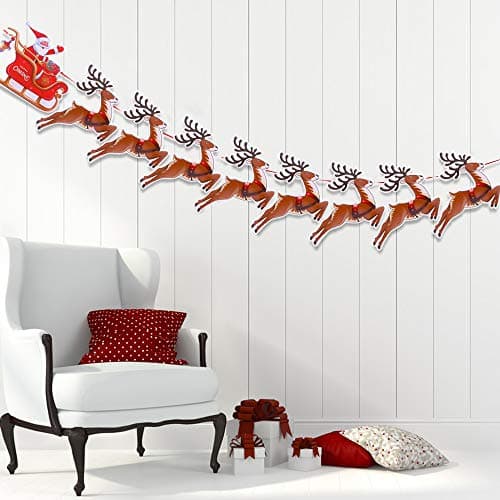 Image of VEYLIN Christmas Reindeer Bunting, Santa Sleigh Banners for Party Decoration