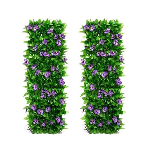 Image of Expanding Garden Trellis Panels, 200x40cm Expandable Garden Fence Screening with Artificial Ivy and Violet Flower,Decorative Faux Ivy Leaf Privacy Screen Greenery Backdrop for Backyard (Purple, 2 PCS)