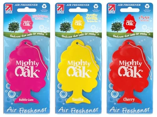 Image of Mighty Oak Air Freshener – Mixed Fragrance 3 Pack (Cherry, Bubblegum & Vanilla) – Long Lasting Hanging Car Deodoriser – Odour Eliminator Air Freshener – UK Made Car Scent Fresheners – Auto Accessories