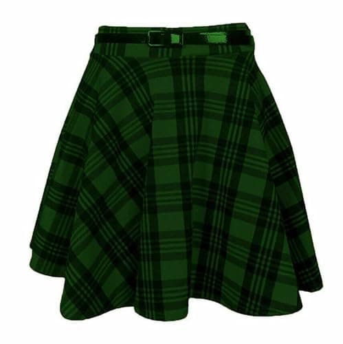 Image of Colop Ladies Womens Tartan Check Print Pleated Flared Belted Mini Skater Skirt UK 8-26 (Green Tartan, 12-14)