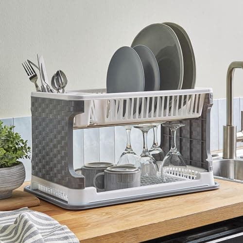Image of Coopers of Stortford - 2 Tier Dish Drainer Rack with Cutlery Holder and Drip Tray - Kitchen Plate and Cup Drying Stand - Easy Clean Plastic Design