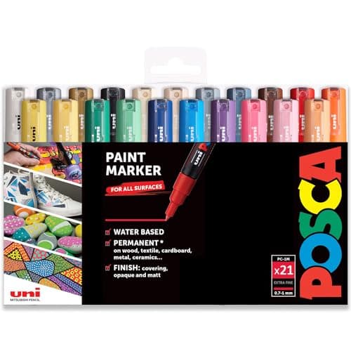 Image of Posca Water Based Permanent Marker Paint Pen - Multi Surface Use - PC-1M 0.7-1.0mm Extra Fine - Full Range Set of 21 Colours - In Gift Wallet Packaging