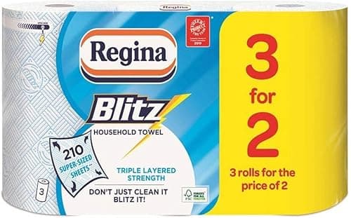 Image of Regina Blitz Kitchen Towel Roll 3 Pack – Extra Large 3 Ply Super Absorbent Paper Towels | Strong Household Cleaning Roll for Kitchen Spills, Surfaces & Everyday Use