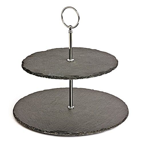 Image of drinkstuff Slate 2 Tier Luxury Cake Stand - Two Tiered Slate Cupcake Plates with Metal Support and Carry Handle