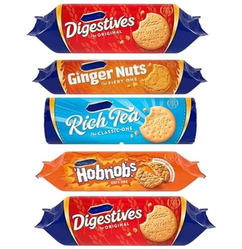 Image of Mixed British Assortment of Classic Variety Biscuits, Digestives, Rich Tea, Ginger Nuts & Hobnobs Cookies, Perfect for Sharing & Gifting on Mothers & Fathers Day, Christmas, UK Biscuits (1 Bundle)