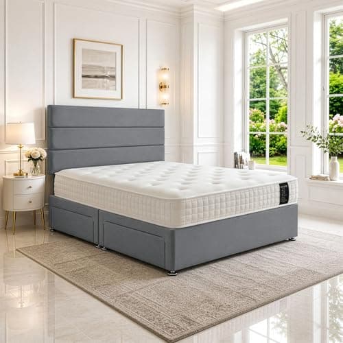 Image of SANA SLEEP Small Double Bed with Orthopaedic Mattress & 2 Drawers - 4FT (sierra grey Fabric) - Stylish Divan Set for Comfortable Living - Durable Frame for Cosy Bedrooms
