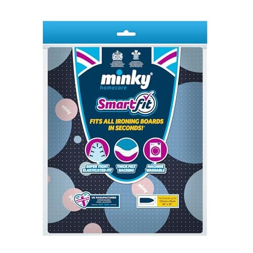 Image of Minky Smart Fit Ironing Board Cover, Large Ironing Board Covers 125 x 45 cm, Elasticated & Thick Felt Backing, Washing Machine Safe, Made in the UK