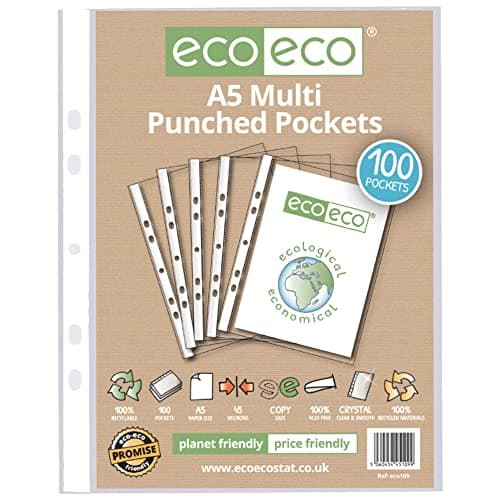 Image of eco-eco A5 100% Recycled Premier Multi Punched Pockets Glass Clear, Transparent Poly Wallet Sheet Protector, 45 Microns (Pack of 100), eco109