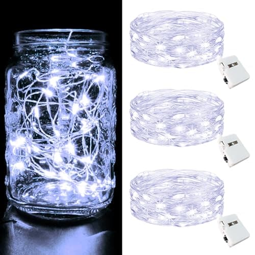 Image of btfarm 3 Pack LED Fairy Lights Battery Operated, 2M 20LED Mini String Lights Battery 3 Modes, IP65 Waterproof Silver Wire Small Lights Indoor Outdoor for Jars, Bedroom, Wedding, Cool White