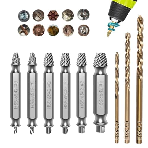Image of 9 PCS Damaged Screw Extractor Set,6 PCS HSS 6542 Screw Extractor Remover Kit and 3 PCS Twist Drill Bit Kit, Bolt Extractor Set for Damaged Broken Stripped Screws