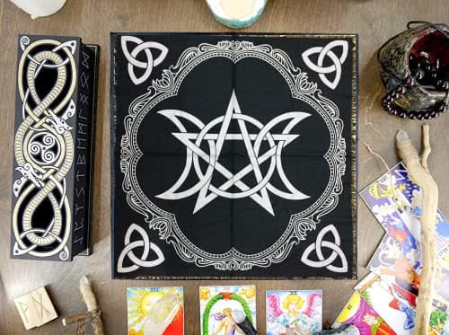 Image of Altar Cloth Sun Moon Pentagram Witchcraft Black Magic Wica Wall Hanging Spread Top Cloth Wiccan Square Spiritual 18x18 inches (Triple goddess pentagram triquetra silver)