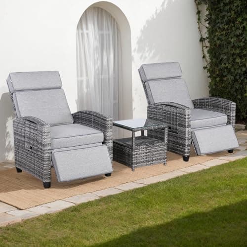 Image of Club Rattan Wicker Reclining Chairs with Side Table, Adjustable Position Backrest Armchair with coffee tabel, 3-Piece Outdoor Furniture Set for Garden, Patio, Yard (Grey)