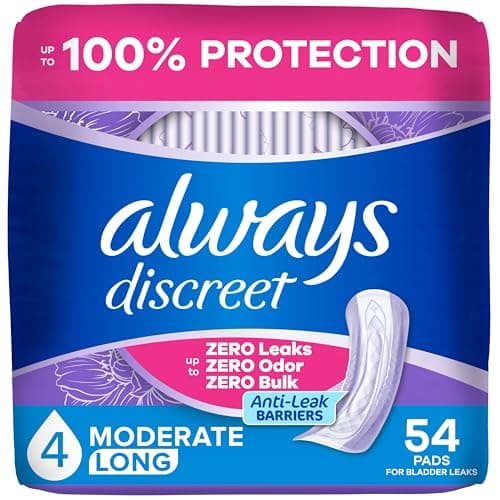 Image of Always Discreet, Incontinence & Postpartum Pads for Women, Size 4, Moderate Absorbency, Long Length, 54 Count