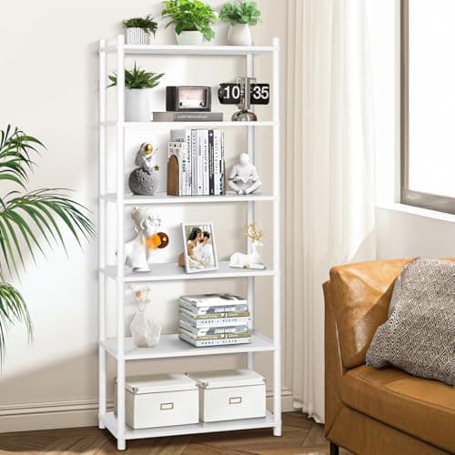 Image of YGYQZ 6 Tier Bookshelf, White Shelving Unit Tall Storage Shelf Wooden Floor Standing Bookcase for Living Room, Bedroom, Office 80x30x167 cm
