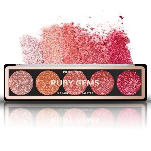 Image of Profusion Cosmetics 5 Shade Glitter Eyeshadow Palette - Vibrant Pressed Pigments with Built-In Primer and Dazzling Shine for Long-Wearing Sparkle Makeup Looks (Ruby Gems)