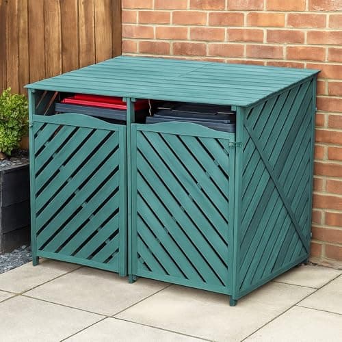 Image of Airwave Double Wooden Slated Wheelie Bin Storage | Outdoor Hinged Store for Easy Bin Access | Up to 240Ltr Bins | Lockable Outdoor Bin Storage Green