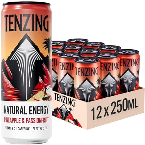 Image of TENZING Natural Energy Drink, Plant Based, Vegan, & Gluten Free Drink, Pineapple & Passionfruit, 250ml (Pack of 12) - Packaging may vary