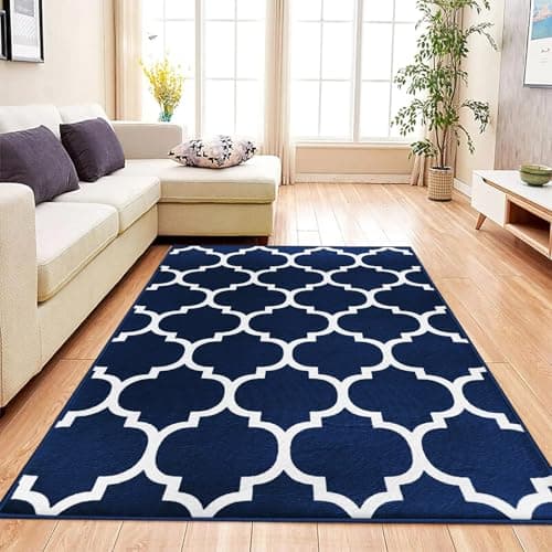 Image of Aspire Homeware Rugs living room blue Bedside Rug 80 x 150 cm – Non-Shedding Short Pile Floor Carpets for bedroom Lounge – Super Soft Trellis Style Printed Navy Rug (Ava Navy)