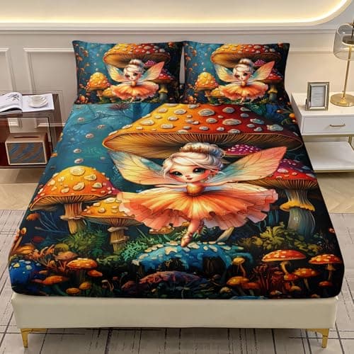 Image of AILONEN Cartoon Butterfly Fairy Twin Size Fitted Sheet Set for Girls Kids,Mysterious Mushroom Forest Bedding Set 3Pcs,Beautiful Dancing Fairy Fitted Sheet with 2 Pillowcases