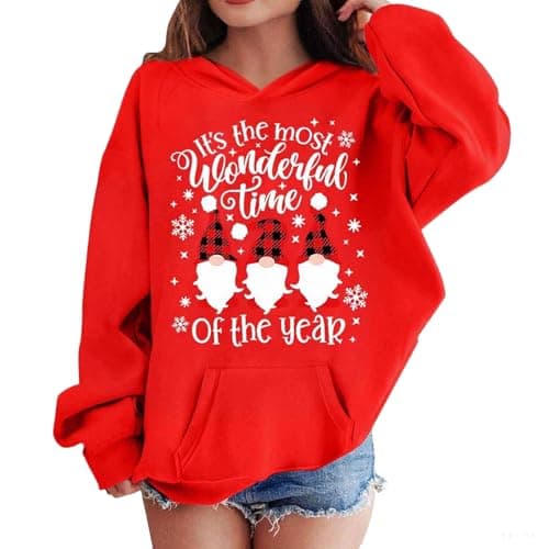 Image of Kids Girls Christmas Hoodies Sweatshirt Age 3-12 Years Fashion Graphic Girls Pullover Hoody Xmas Winter Long Sleeve Oversized Loose Cute Cartoon Casual Athletic Vacation Tops (Red, 11-12 Years)