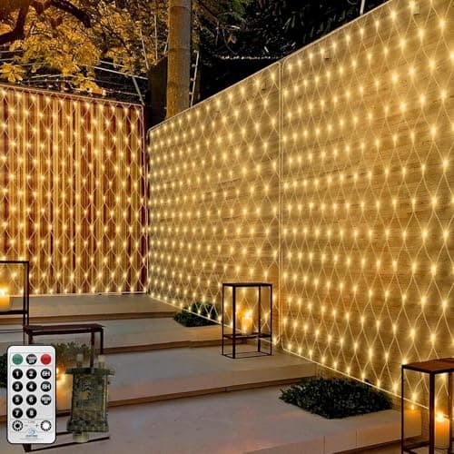 Image of 3M X 2M Net Lights Outdoor Mesh Net Lights for Bushes Plug in,200LED Outside Garden Tree Light Balcony Fence Fairy Light Waterproof Connectable with Remote for Gazebo Curtain(Warm White)