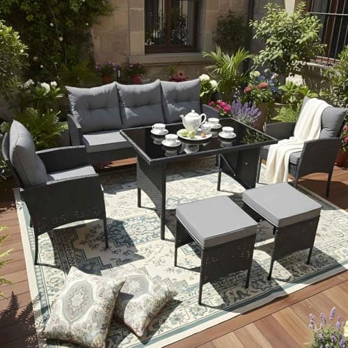 Image of BIRCHTREE Garden Rattan Furniture Set 7 Seater Outdoor Dining Set with Glass Top Table, 3 Seater Sofa, 2 Armchairs & 2 Stools, With Cushion, Luxury Patio Sofa Set Black