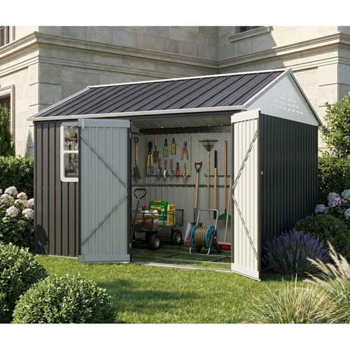 Image of BIRCHTREE Garden Shed Steel Apex Roof House Outdoor Backyard Storage With Lockable Double Doors Window Free Foundation Tool Equipment Organizer Air Vents 10x10FT Anthracite