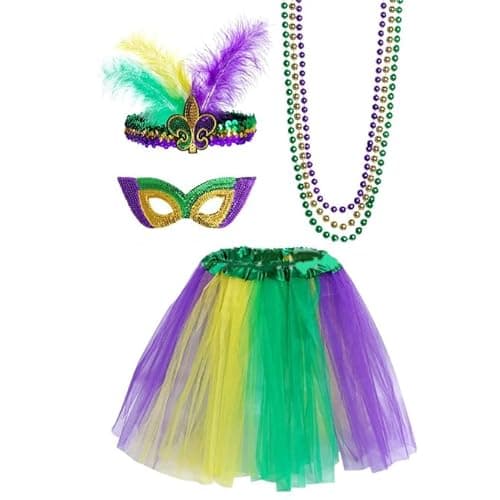Image of Losuya Mardi Gras Costume Set - Tutu Skirt, Faux Feather Headband, Mask and Beads for Women and Girls Party Decorations
