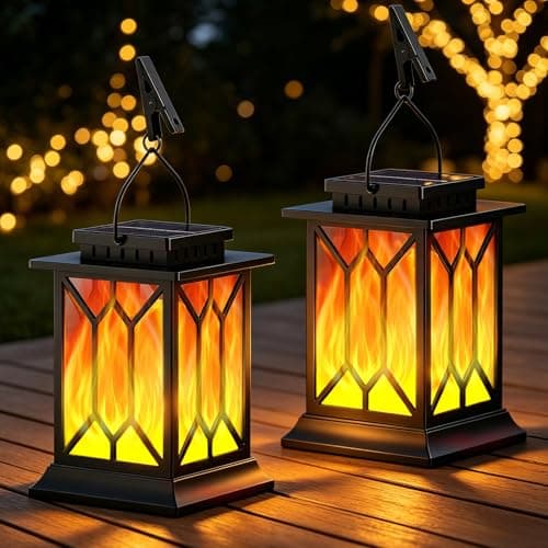 Image of Solar Lanterns Outdoor Garden, 2 Pack Hanging Solar Garden Lanterns with Realistic Flickering Flame, IP65 Waterproof Decorative Solar Garden Ornaments for Yard , Pathway, Patio | 2 Lighting Modes