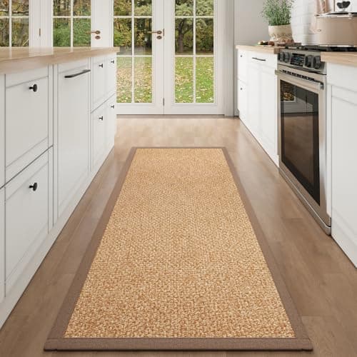 Image of Washable Hallway Runner Rug 60x150cm Jute Like Kitchen Runner Mat Rugs Non Slip, Woven Soft Entryway Farmhouse Runner Boho Floor Carpet for Indoor Laundry Hall Backdoor Bedroom Living Room, Brown