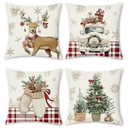 Image of Bonhause Winter Cushion Covers 45 x 45 cm Reindeer Gloves Trees Truck Red Plaids Decorative Throw Pillow Covers for Sofa Bed Home Patio Winter Holiday Decor Set of 4