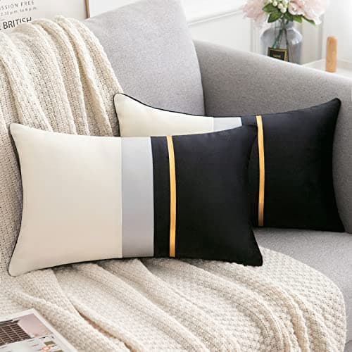 Image of Serento Set of 2 Black White Patchwork Velvet Cushion Covers 30 x 50 cm Golden Leather Band Decorative Rectangular Soft and Modern Pillowcase for Bedroom, Living Room, Sofa, Bed, Chair, Car