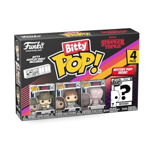 Image of Funko Bitty POP! 4 Pack: Netflix - Stranger Things - Hopper, Joyce, Demogorgon (Closed Face), Mystery Mini Figure - Styles may vary - 0.9 inch (2.2 cm) Collectable - Stackable Display Shelf Included