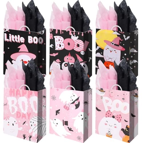 Image of 24Pcs Pink Ghost Boo Paper Gift Bags and 24 Sheets Tissue Paper, Cute Girly Halloween Party Bags with Handle Candy Goodie Bags for Halloween Baby Shower Trick & Treat Party Supplies