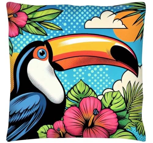Image of The Beach Stop Decorative Pop Art Toucan Tropical Bird Accent Cushion Cover | Living Room, Bedroom & Sofa Decor Inspo | Unique Gift Idea | 45x45cm 18x18” | Colourful Toucan