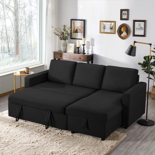 Image of Yaheetech L-Shaped Sofa Bed 3 Seater Couch Pull Out Sectional Couch Bed Convertible Settee Click-Clack Corner Sofa with Storage for Living Room, Office, Black