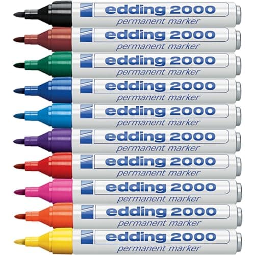 Image of edding 2000 C permanent marker - multi-coloured - box of 10 - round tip 1.5-3 mm - quick-drying permanent markers - waterproof, smudge-proof - for cardboard, plastic, wood, metal, fabric - marker pen