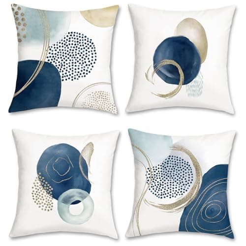 Image of Bonhause Abstract Boho Cushion Covers 45 x 45 cm Mid Century Modern Minimalist Blue Geometric Decorative Pillow Covers for Sofa Couch Bed Home Decor Set of 4